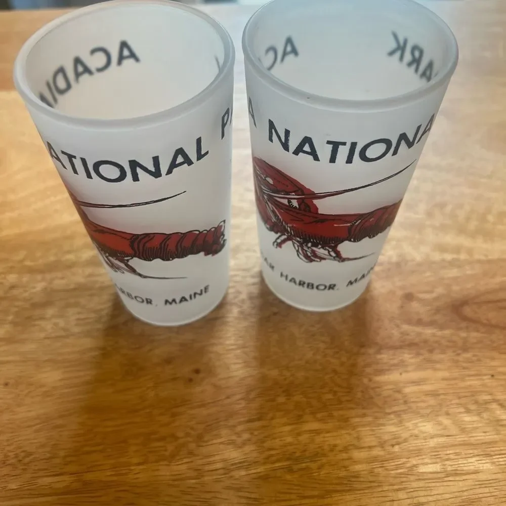 Acadia National Park Frosted Glass Set. Pair of two bar Harbor Maine Lobster bar